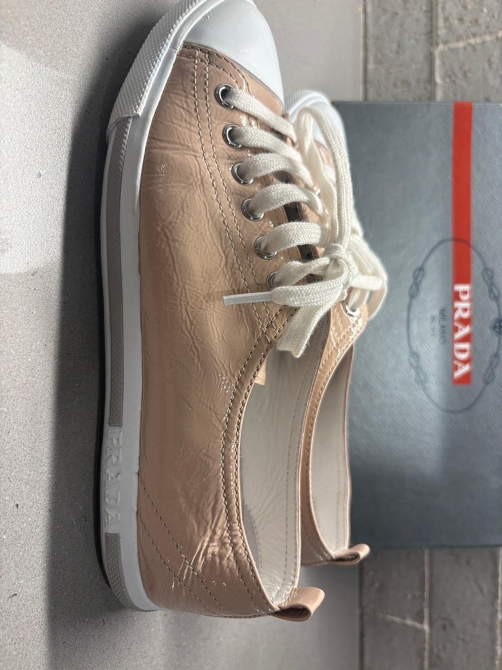 Prada Beige and White Women’s Low-Top Leather Sneakers - Picture 3 of 6